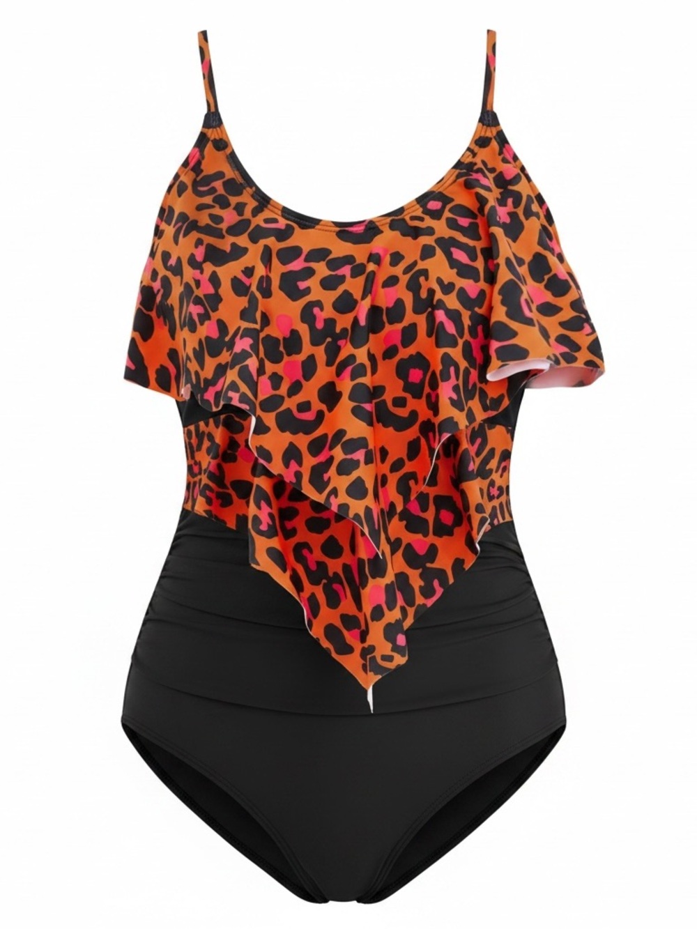 Leopard Print Ruffle One-Piece Swimsuit - Orange & Black